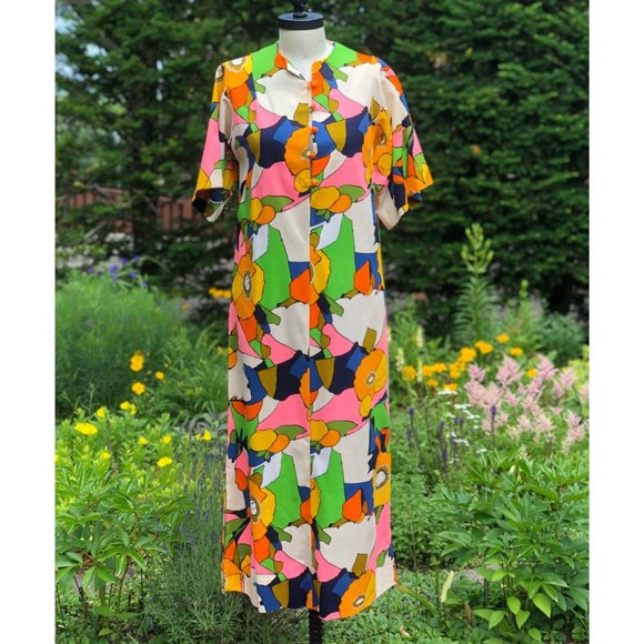 Vintage 60s/70s Psychedelic Floral Citrus Fruit Flower Power Hostess Maxi Dress - Picture 15 of 16